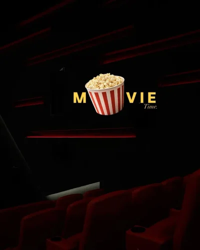 Movie time: a popcorn bucket in a dark cinema